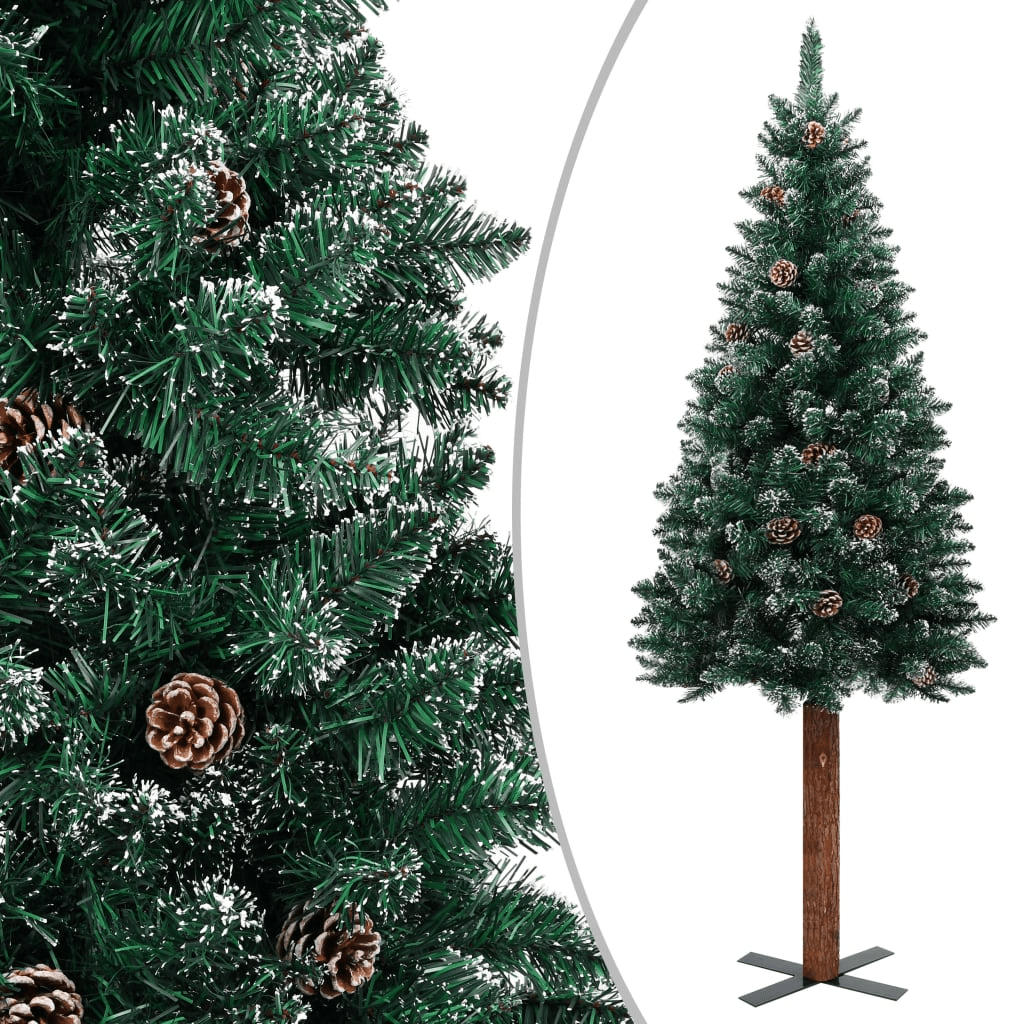 vidaXL Slim Christmas Tree with Real Wood and White Snow Green 210 cm Lucy And Phil Academy Lucy And Phil Academy