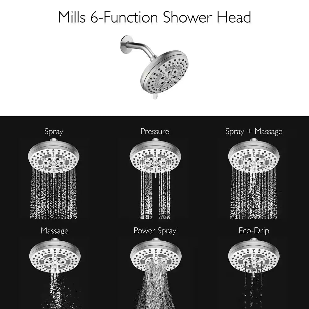 Mills Modern 7 In. Wall Mounted 6-Function Fixed Showerhead for Bathroom, Satin Nickel