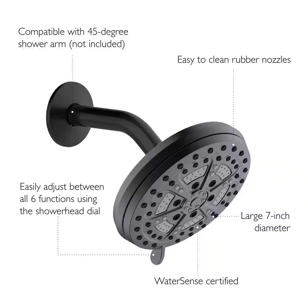 Mills Modern 7 In. Wall Mounted 6-Function Fixed Showerhead for Bathroom, Matte Black