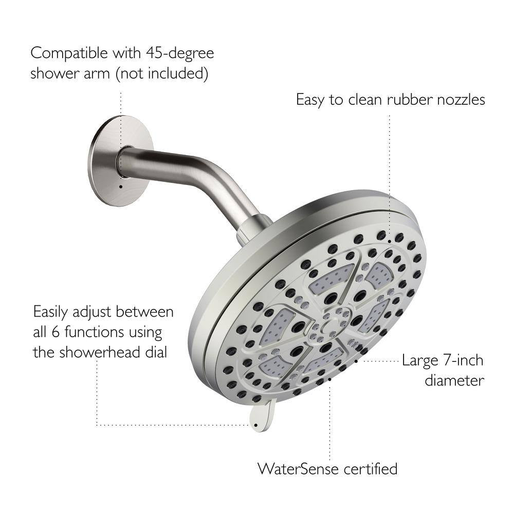 Mills Modern 7 In. Wall Mounted 6-Function Fixed Showerhead for Bathroom, Satin Nickel