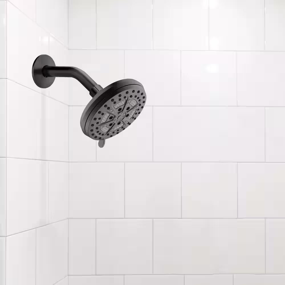 Mills Modern 7 In. Wall Mounted 6-Function Fixed Showerhead for Bathroom, Matte Black