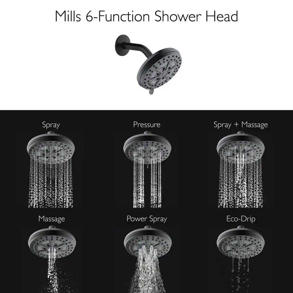 Mills Modern 7 In. Wall Mounted 6-Function Fixed Showerhead for Bathroom, Matte Black