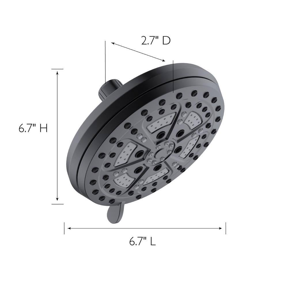Mills Modern 7 In. Wall Mounted 6-Function Fixed Showerhead for Bathroom, Matte Black