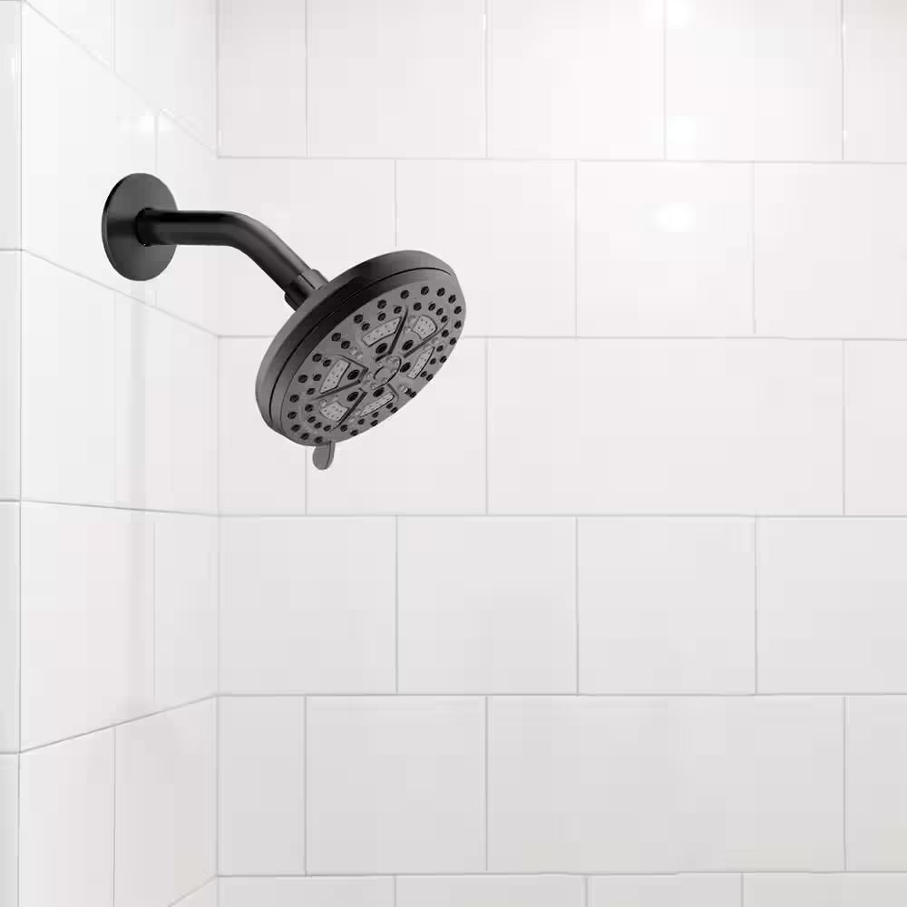 Mills Modern 7 In. Wall Mounted 6-Function Fixed Showerhead for Bathroom, Matte Black