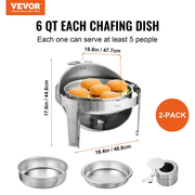 VEVOR Roll Top Chafing Dish Buffet Set, 6 Qt 2 Pack, Stainless Steel Chafer with 2 Full Size Pans, Round Catering Warmer Server with Lid Water Pan Stand Fuel Holder, for at Least 5 People Lucy And Phil Academy Lucy And Phil Academy