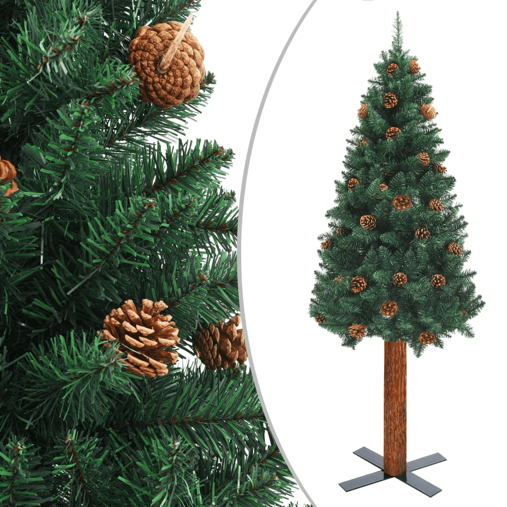 vidaXL Slim Christmas Tree with Real Wood and Cones Green 150 cm PVC Lucy And Phil Academy Lucy And Phil Academy