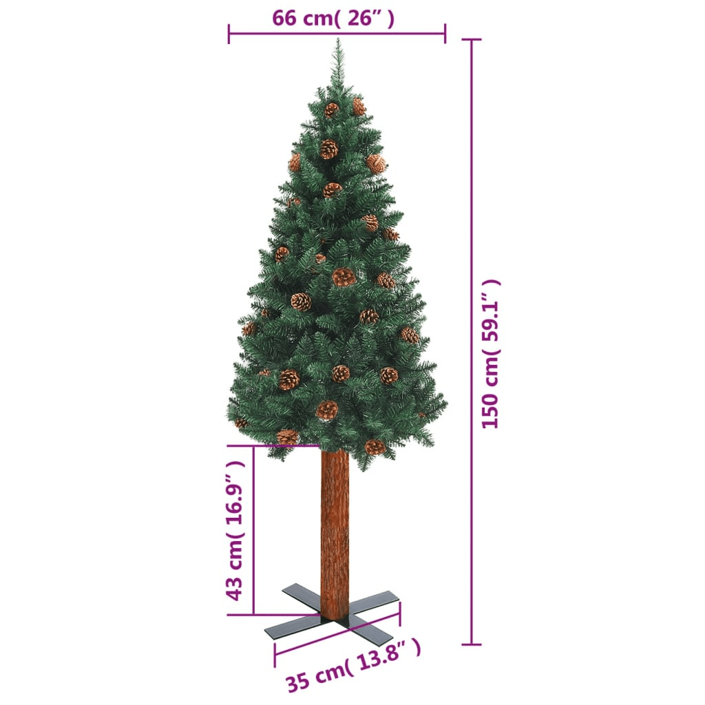 vidaXL Slim Christmas Tree with Real Wood and Cones Green 150 cm PVC Lucy And Phil Academy Lucy And Phil Academy