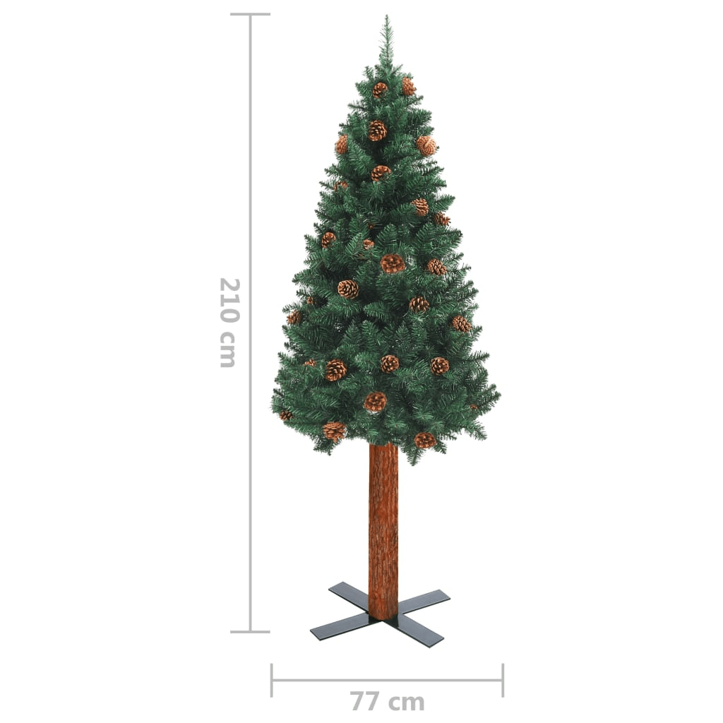 vidaXL Slim Christmas Tree with Real Wood and Cones Green 210 cm PVC Lucy And Phil Academy Lucy And Phil Academy