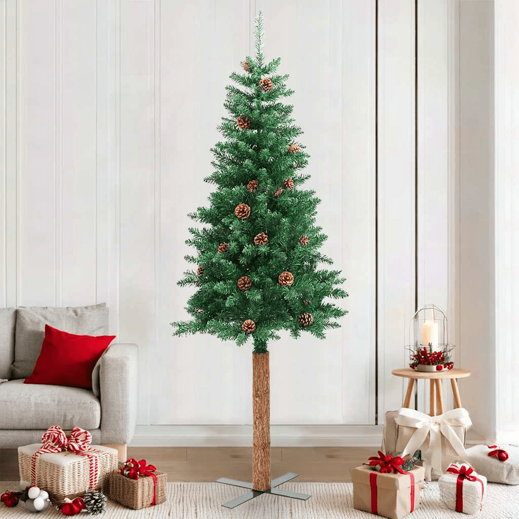vidaXL Slim Christmas Tree with Real Wood and Cones Green 210 cm PVC Lucy And Phil Academy Lucy And Phil Academy