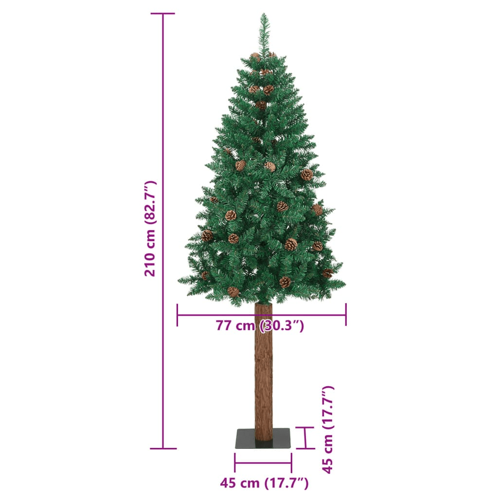 vidaXL Slim Christmas Tree with Real Wood and Cones Green 210 cm PVC Lucy And Phil Academy Lucy And Phil Academy